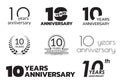 10 years anniversary icon or logo set. 10th birthday celebration badge or label for invitation card, jubilee design. Vector